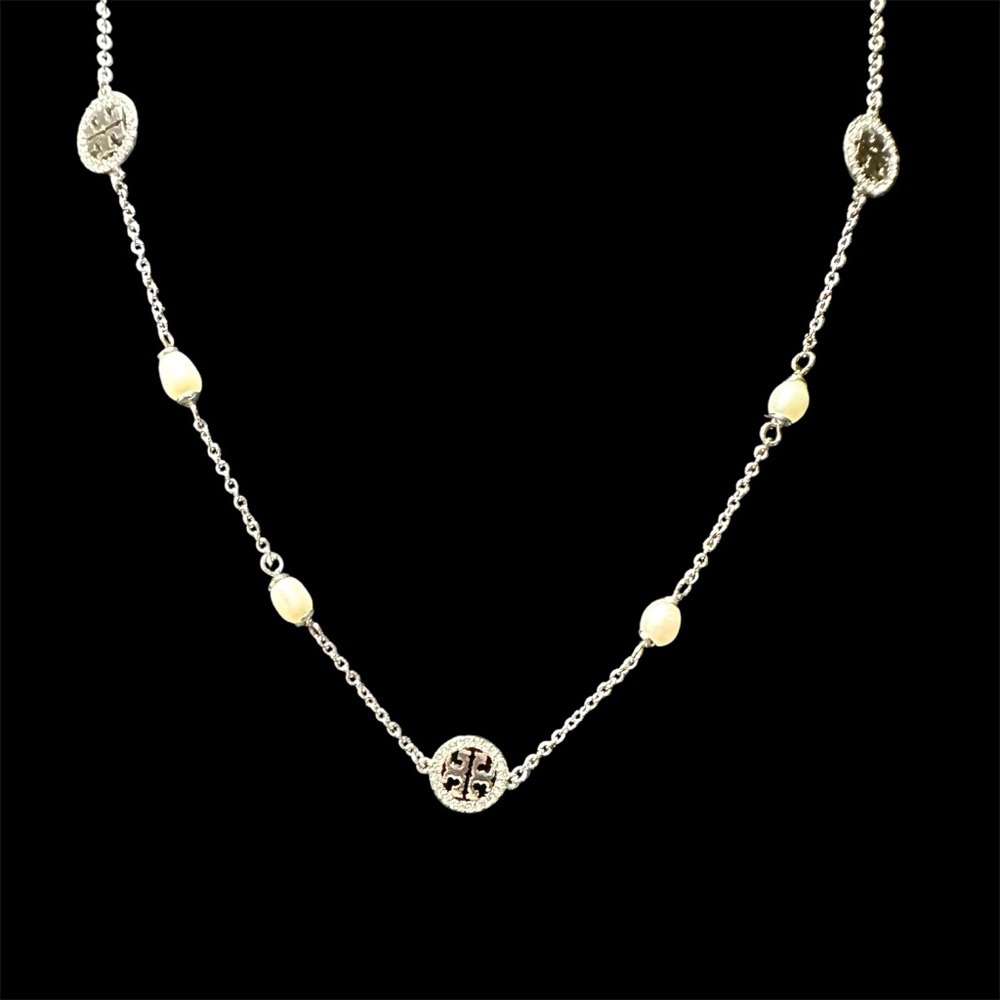 NEW Authentic Tory Burch Pearl & Silver Double T Logo Pave Necklace with Tag - Picture 2 of 7